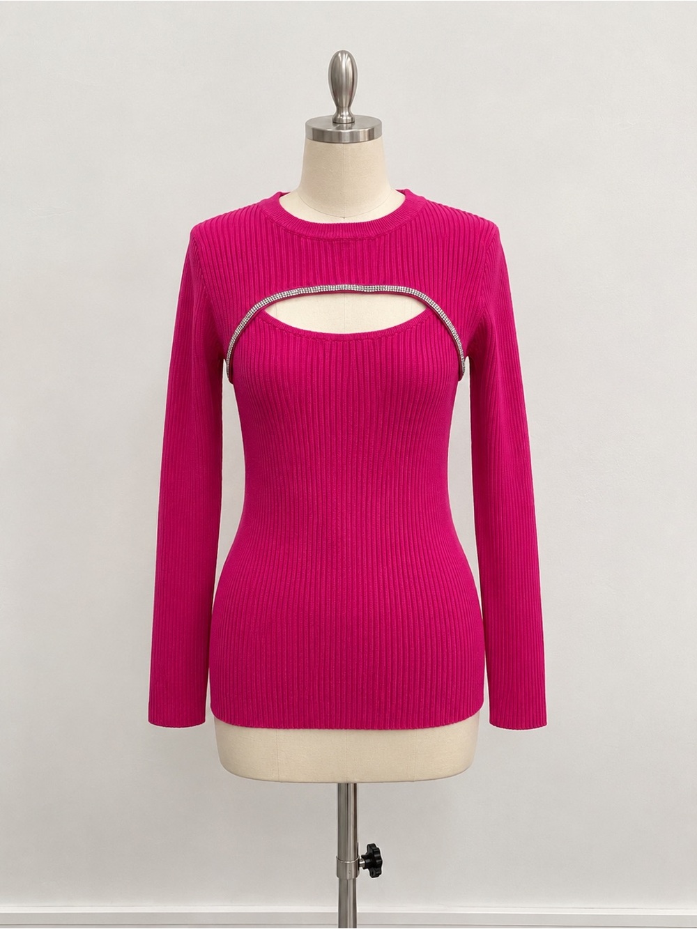 Fuchsia Ribbed Cutout Sweater with Rhinestone Trim M-L size